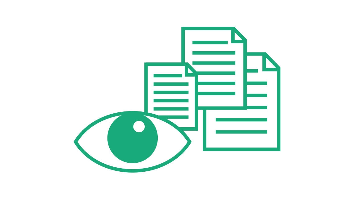 Groen oogpictogram over overlappende documenten, symboliseert de zichtbaarheid en beoordeling van documenten 