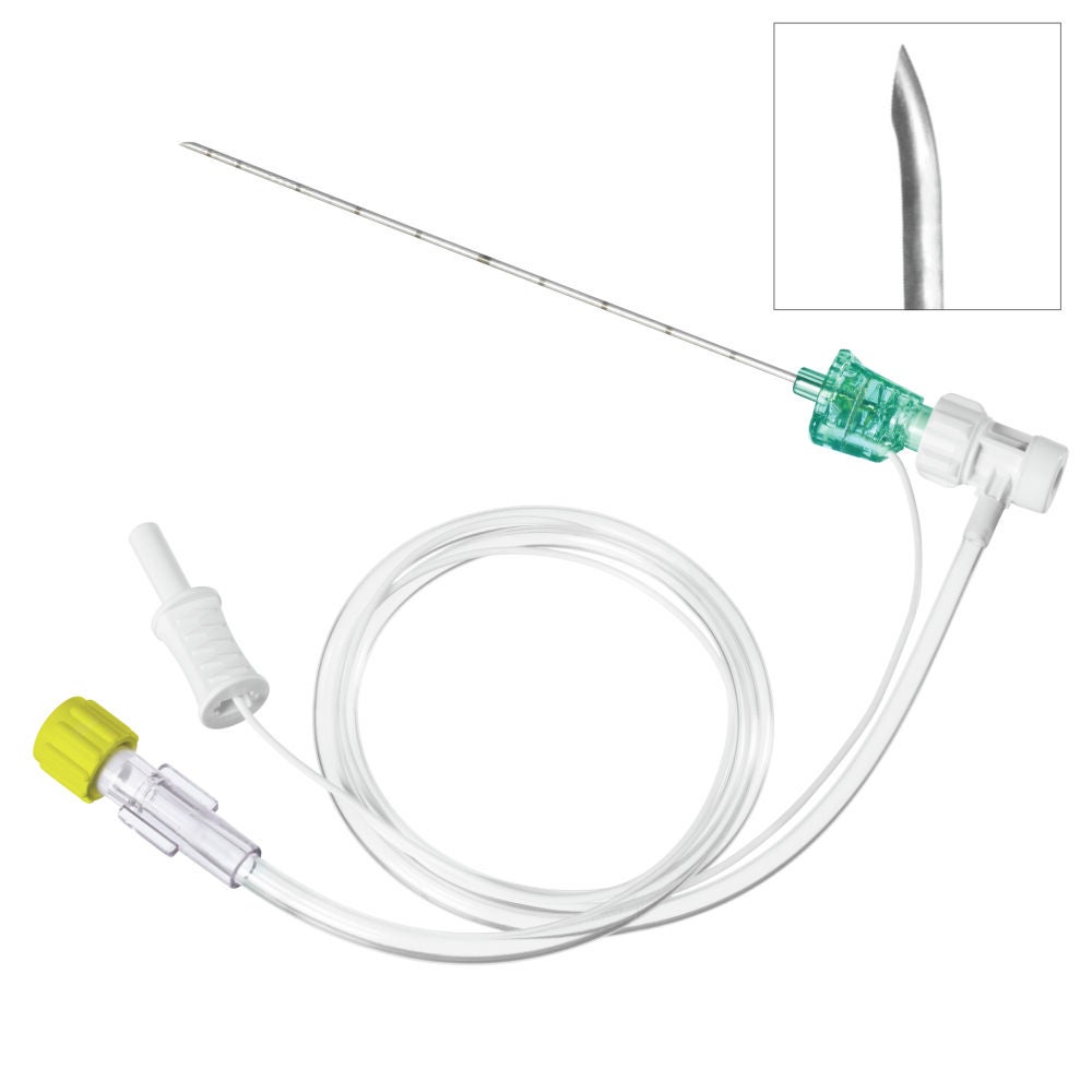 Echogenic, stimulating catheter-through-needle system for continuous peripheral nerve blocks (cPNB) with Tuohy bevel